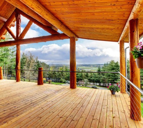 Beautiful view of the log cabin house porch of green valley.