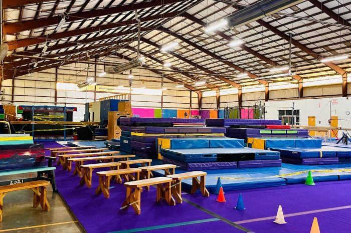 Indoor gymnastics gym with equipment